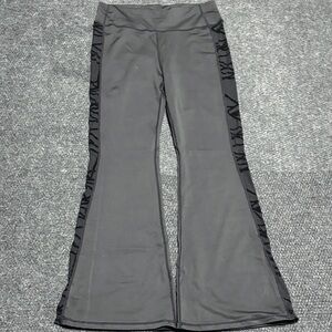 Dark Gray Flared Leggings with Black Mesh Accents